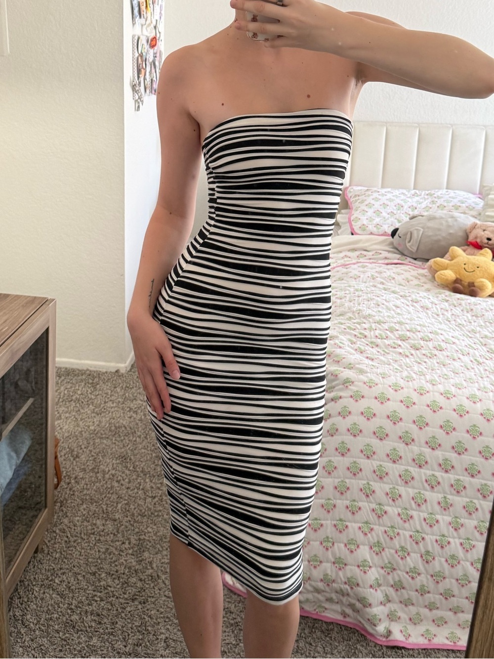 Bebe Strapless Black and White Stripe Bodycon Dress
